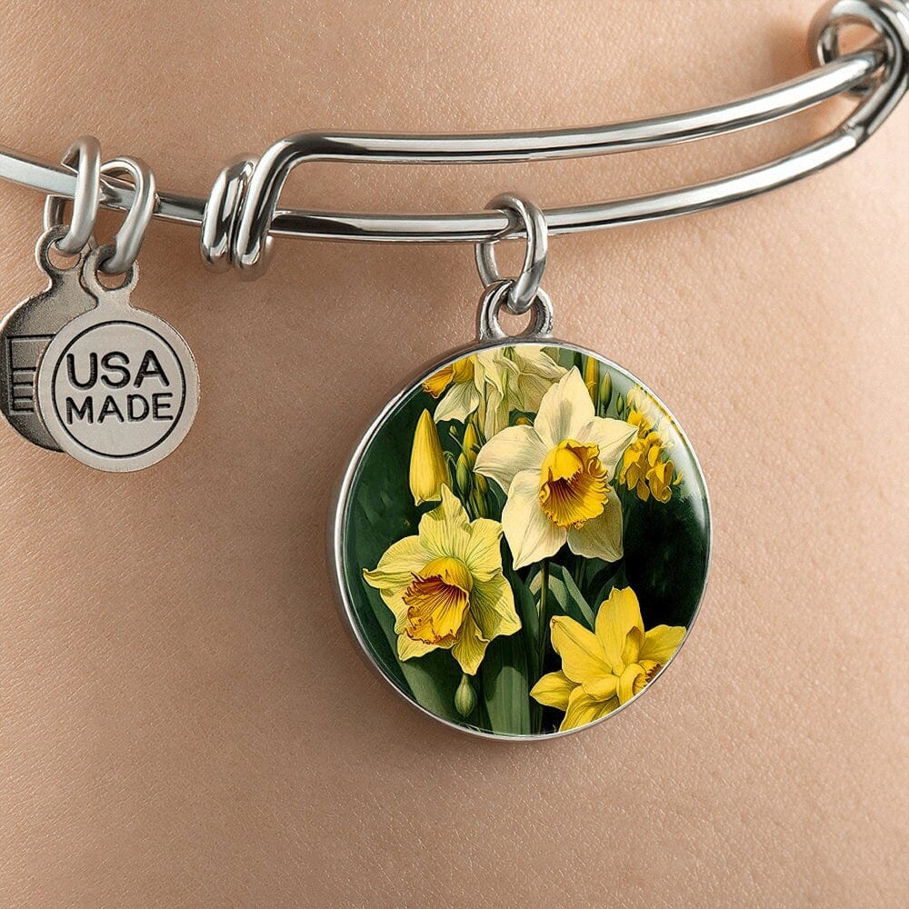 ShineOn Fulfillment Jewelry Personalized Daffodil Flower Art, Custom Pendant with Luxury Bangle - Personalized Engraving Available, Gift Box Included, Free Shipping