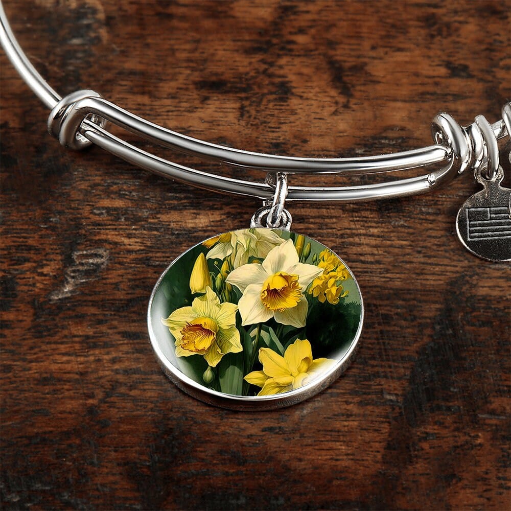 ShineOn Fulfillment Jewelry Personalized Daffodil Flower Art, Custom Pendant with Luxury Bangle - Personalized Engraving Available, Gift Box Included, Free Shipping