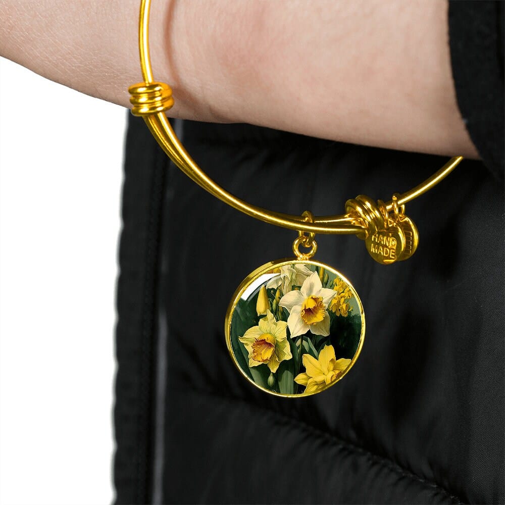 ShineOn Fulfillment Jewelry Personalized Daffodil Flower Art, Custom Pendant with Luxury Bangle - Personalized Engraving Available, Gift Box Included, Free Shipping