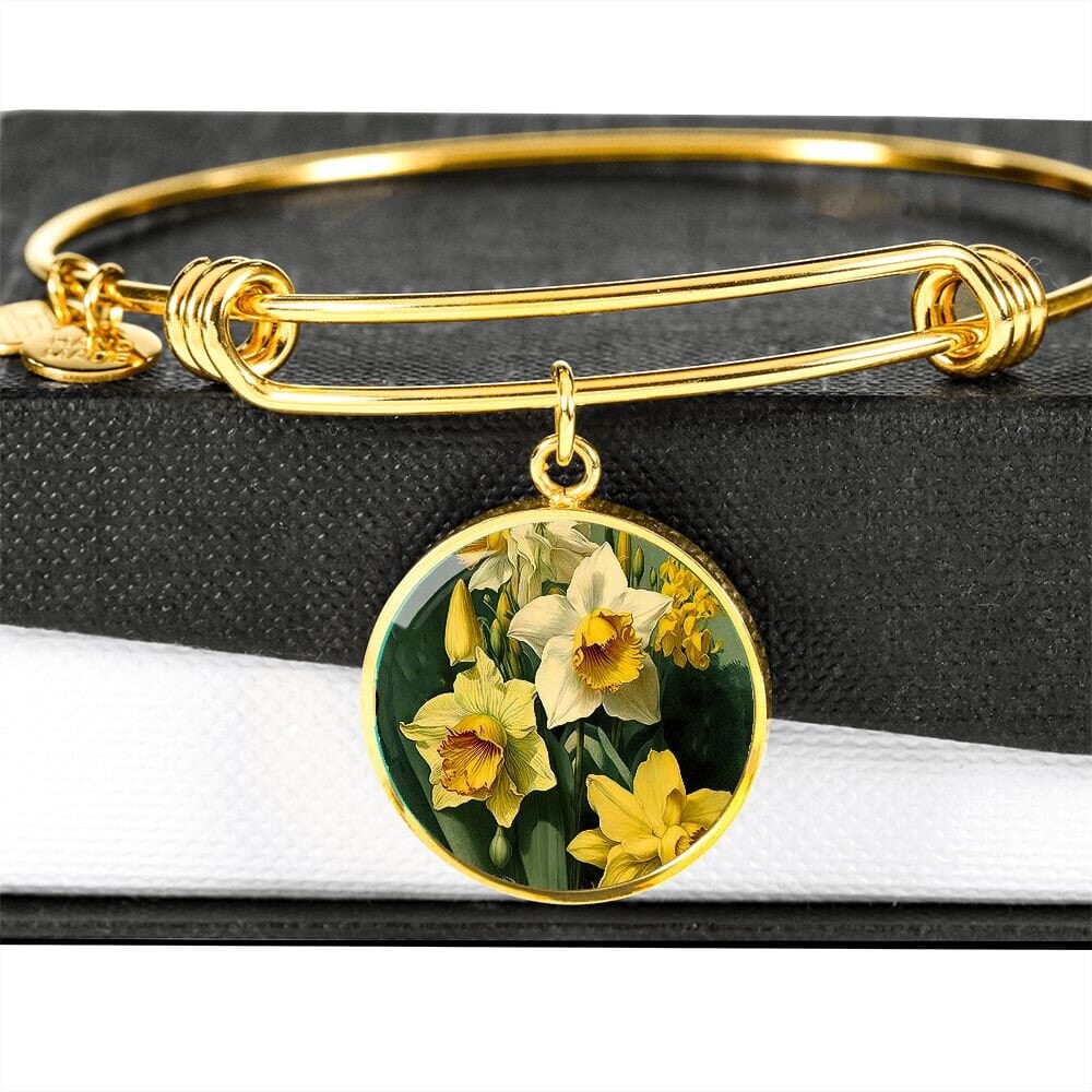 ShineOn Fulfillment Jewelry Personalized Daffodil Flower Art, Custom Pendant with Luxury Bangle - Personalized Engraving Available, Gift Box Included, Free Shipping