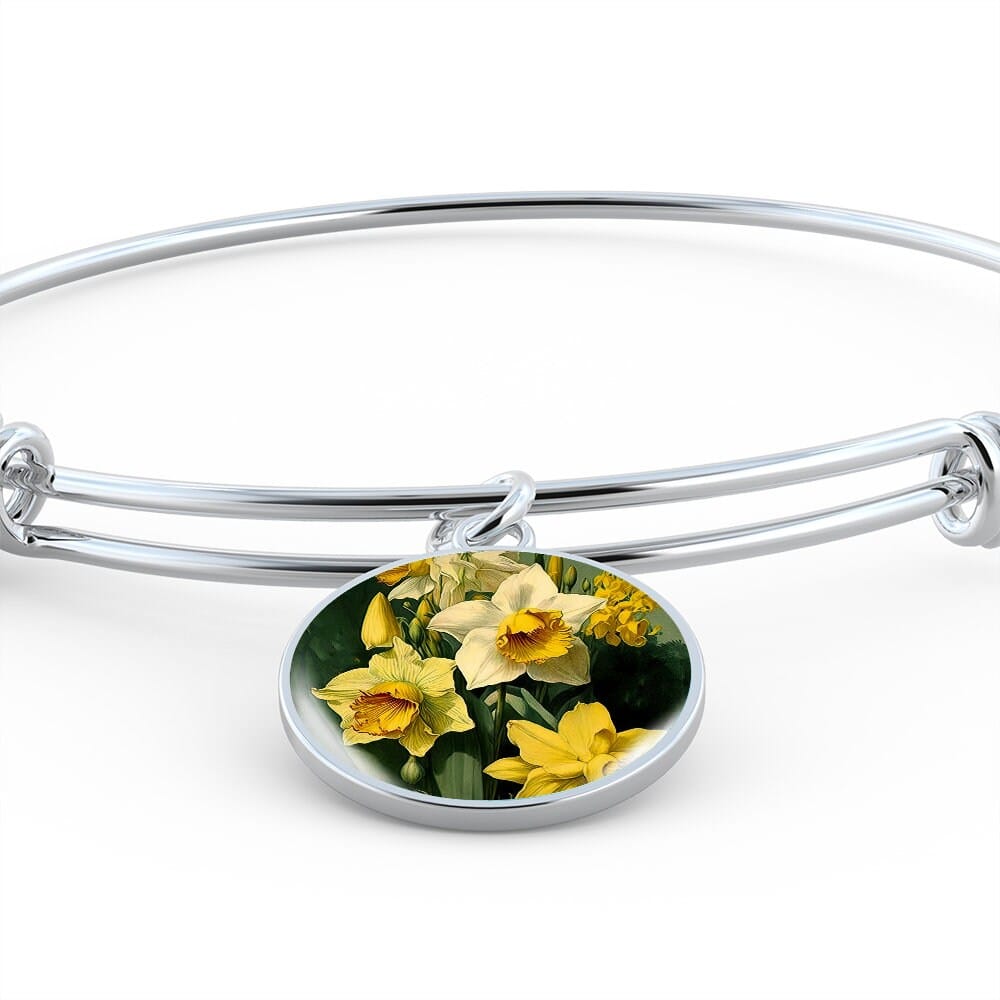 ShineOn Fulfillment Jewelry Personalized Daffodil Flower Art, Custom Pendant with Luxury Bangle - Personalized Engraving Available, Gift Box Included, Free Shipping