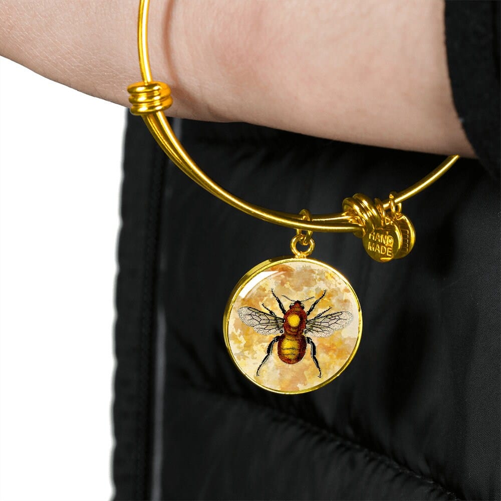 ShineOn Fulfillment Jewelry Personalized Bee Restored Vintage Art Drawing, Custom Pendant with Luxury Bangle - Personalized Engraving Available, Gift Box Included