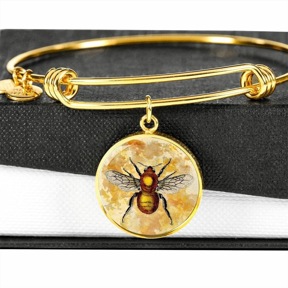 ShineOn Fulfillment Jewelry Personalized Bee Restored Vintage Art Drawing, Custom Pendant with Luxury Bangle - Personalized Engraving Available, Gift Box Included