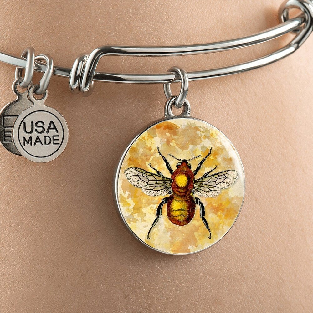 ShineOn Fulfillment Jewelry Personalized Bee Restored Vintage Art Drawing, Custom Pendant with Luxury Bangle - Personalized Engraving Available, Gift Box Included