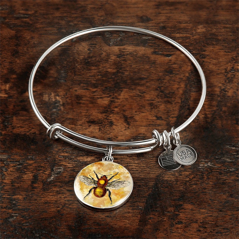 ShineOn Fulfillment Jewelry Personalized Bee Restored Vintage Art Drawing, Custom Pendant with Luxury Bangle - Personalized Engraving Available, Gift Box Included