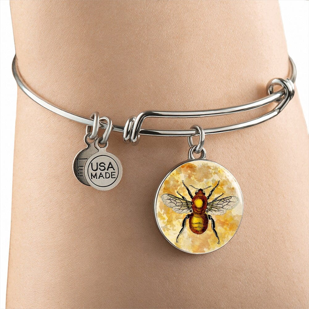 ShineOn Fulfillment Jewelry Personalized Bee Restored Vintage Art Drawing, Custom Pendant with Luxury Bangle - Personalized Engraving Available, Gift Box Included