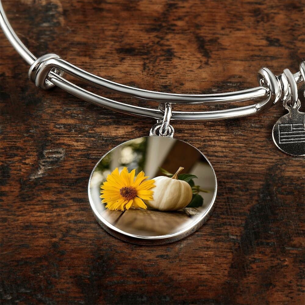 ShineOn Fulfillment Jewelry Personalized Yellow Flower and White Pumpkin Art, Custom Pendant with Luxury Bangle - Personalized Engraving Available, Gift Box Included