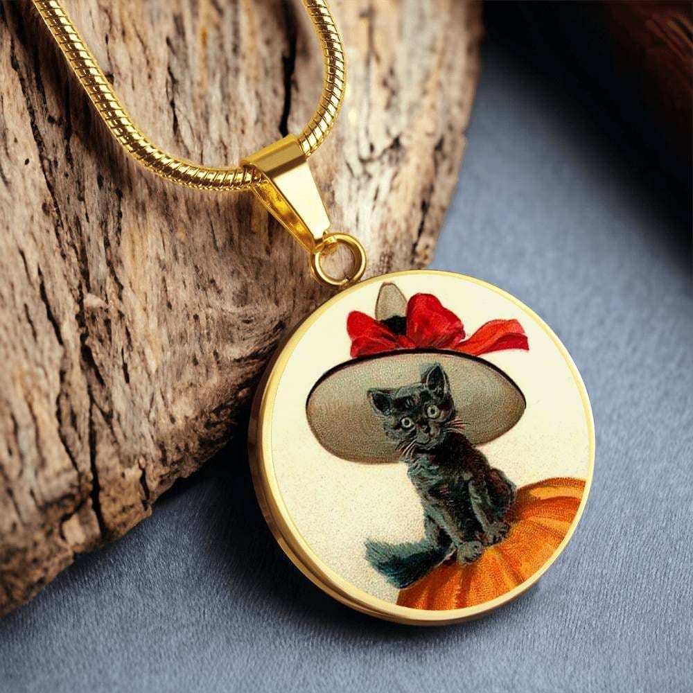 ShineOn Fulfillment Jewelry Personalized Halloween Cat Vintage Art, Custom Pendant & Luxury Necklace-Personalized Engraving Available, Gift Box Included, Free Shipping