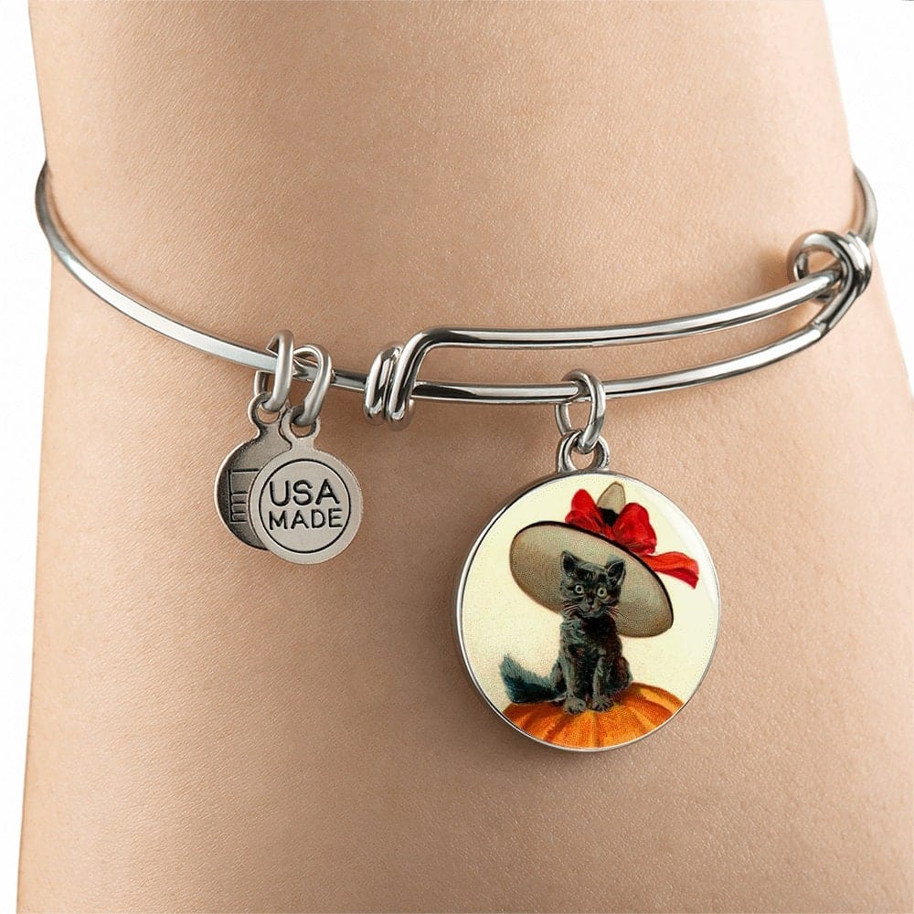 ShineOn Fulfillment Jewelry Personalized Halloween Cat Vintage Art, Custom Pendant & Luxury Bangle-Personalized Engraving Available, Gift Box Included, Free Shipping