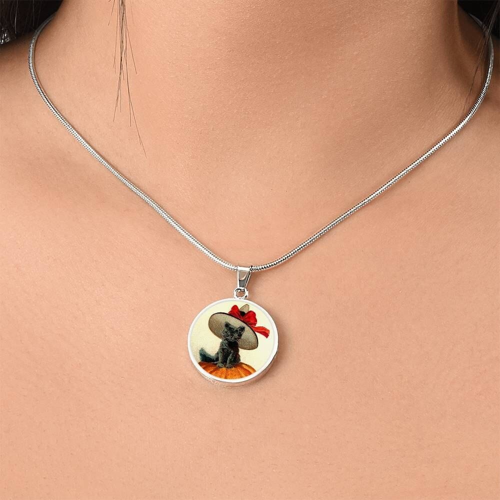 ShineOn Fulfillment Jewelry Personalized Halloween Cat Vintage Art, Custom Pendant & Luxury Necklace-Personalized Engraving Available, Gift Box Included, Free Shipping