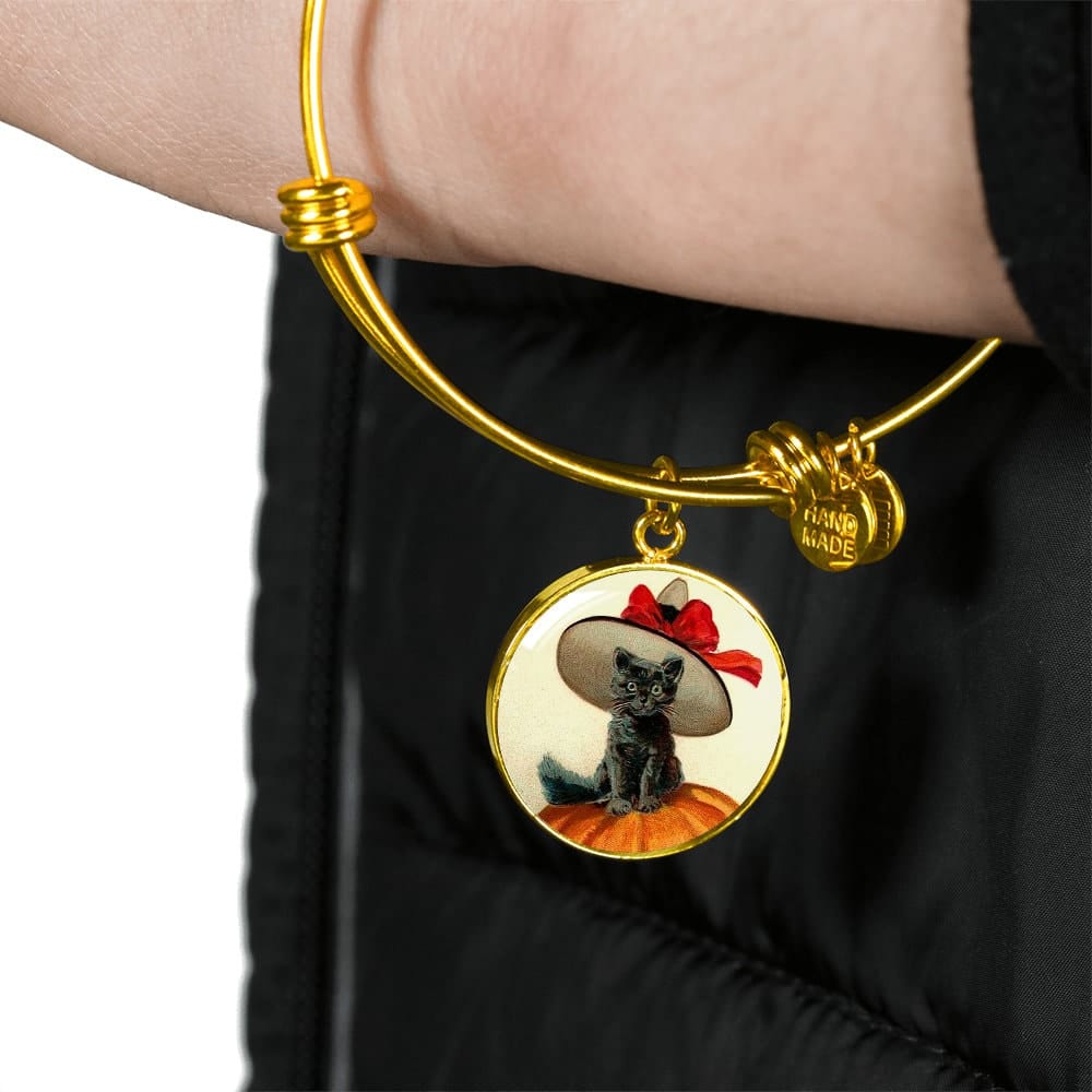 ShineOn Fulfillment Jewelry Personalized Halloween Cat Vintage Art, Custom Pendant & Luxury Bangle-Personalized Engraving Available, Gift Box Included, Free Shipping