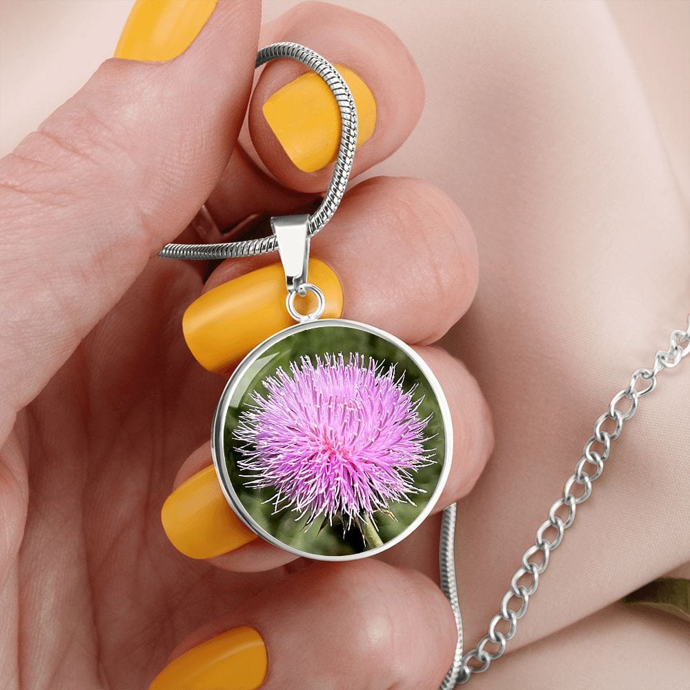 ShineOn Fulfillment Jewelry Personalized Pink Thistle Flower, Custom Pendant with Luxury Necklace - Personalized Engraving Available, Gift Box Included, Gift for Her
