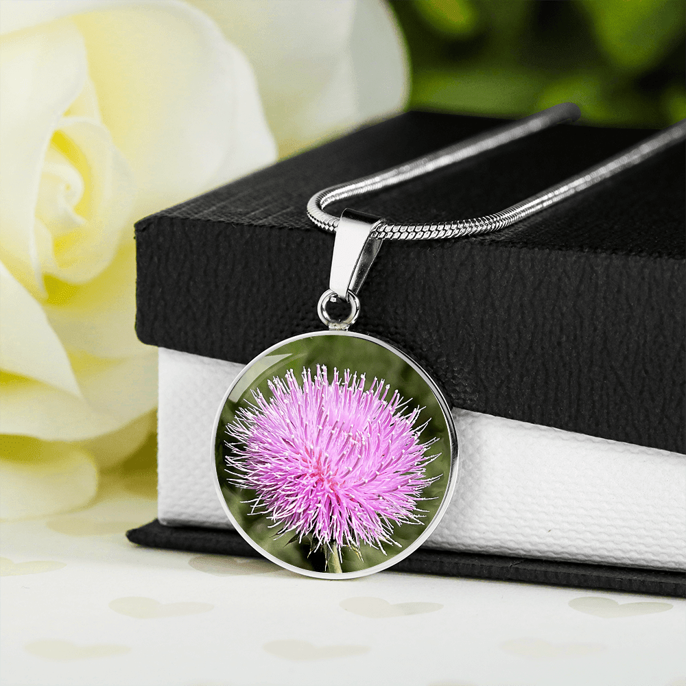 ShineOn Fulfillment Jewelry Personalized Pink Thistle Flower, Custom Pendant with Luxury Necklace - Personalized Engraving Available, Gift Box Included, Gift for Her