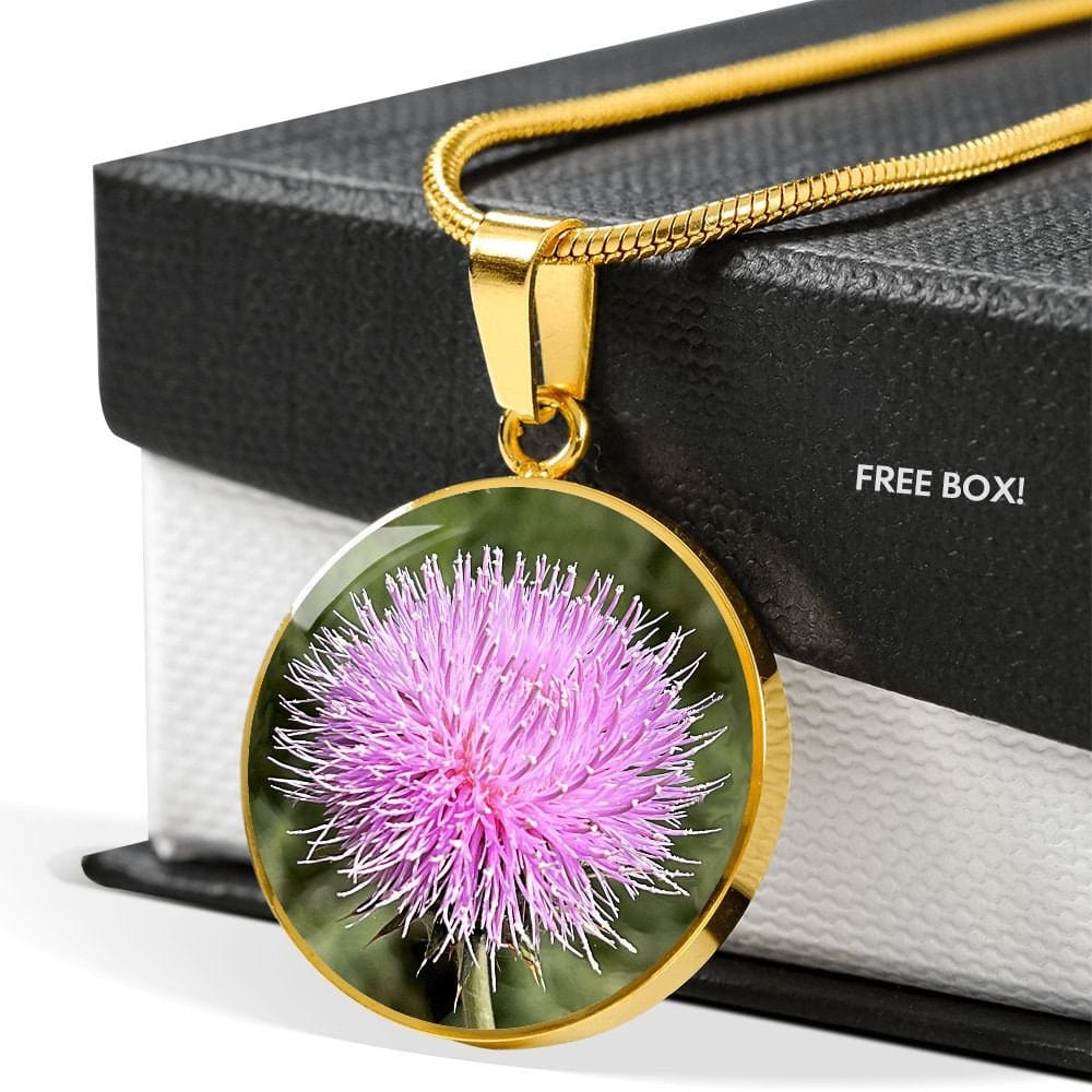 ShineOn Fulfillment Jewelry Luxury Necklace (Gold) / No Personalized Pink Thistle Flower, Custom Pendant with Luxury Necklace - Personalized Engraving Available, Gift Box Included, Gift for Her SO-6970577