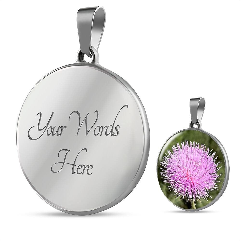 ShineOn Fulfillment Jewelry Luxury Necklace (Silver) / With Personalized Engraving Text / Yes Personalized Pink Thistle Flower, Custom Pendant with Luxury Necklace - Personalized Engraving Available, Gift Box Included, Gift for Her SO-6970578