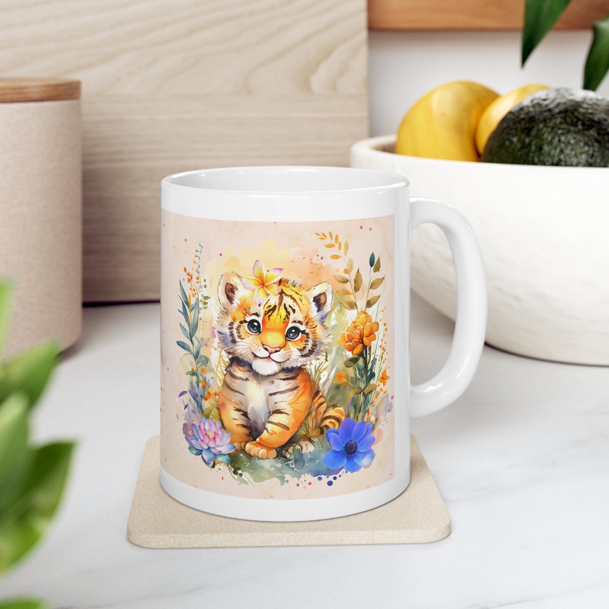 Printify Mug 11oz Coffee Mug, Tiger Coffee Mug, Tiger Cub Mug, Flower Mug, Birthday Gift, Christmas Gift, Friend Gift, White 11 oz Ceramic 31132222112925377329