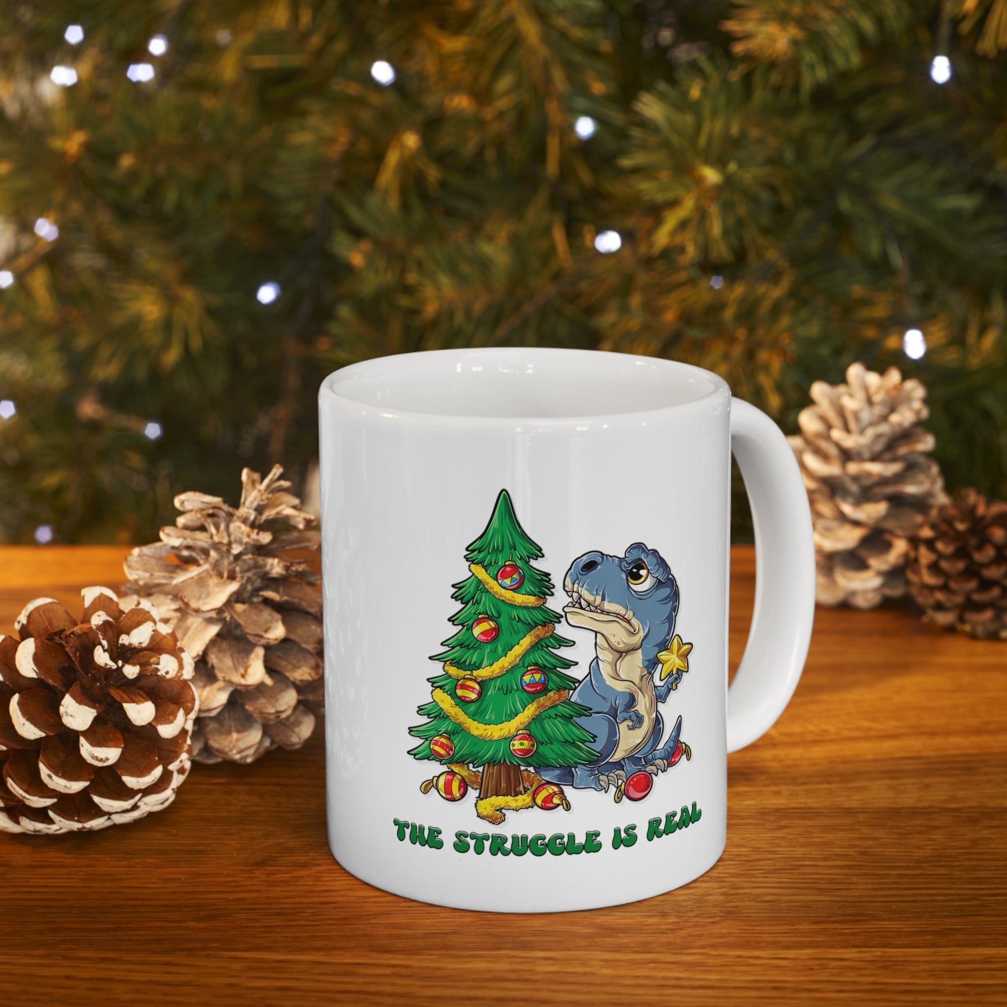 Printify Mug 11oz Coffee Mug, "The Struggle is Real",  Dinosaur Mug, White 11oz Ceramic, Gift for Her or Him, Christmas Mug. 73788387607500897320