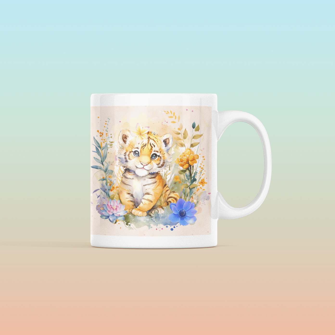 Printify Mug 11oz Coffee Mug, Tiger Coffee Mug, Tiger Cub Mug, Flower Mug, Birthday Gift, Christmas Gift, Friend Gift, White 11 oz Ceramic 31132222112925377329