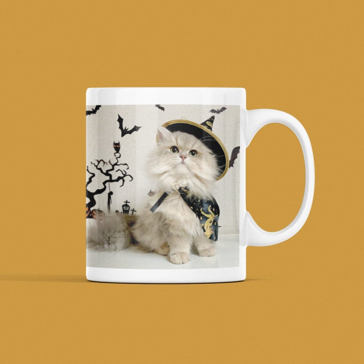 Printify Mug 11oz Coffee Mug, Halloween Coffee Mug, Cat in Witch Costume Mug, Halloween Gift, Birthday Gift, Friend Gift, White 11oz Ceramic 18750004720538585309