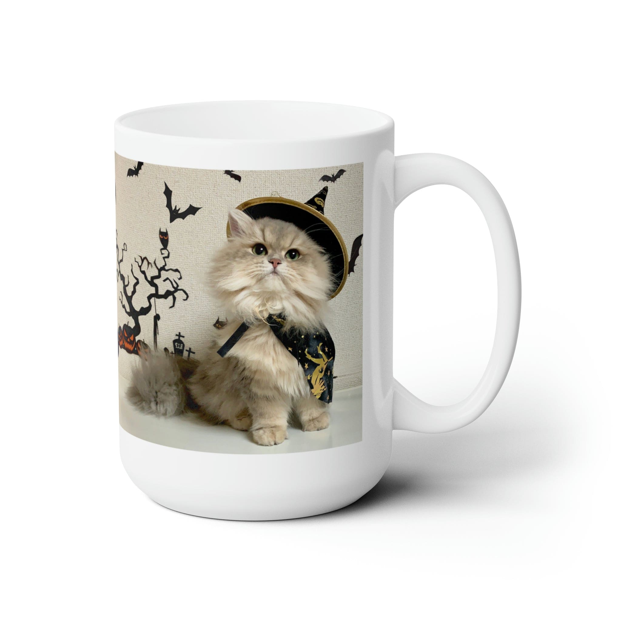 Printify Mug 15oz Coffee Mug, Halloween Coffee Mug, Cat in Witch Costume Mug, Halloween Gift, Birthday Gift, Friend Gift, White 15oz Ceramic 83648407855491868208
