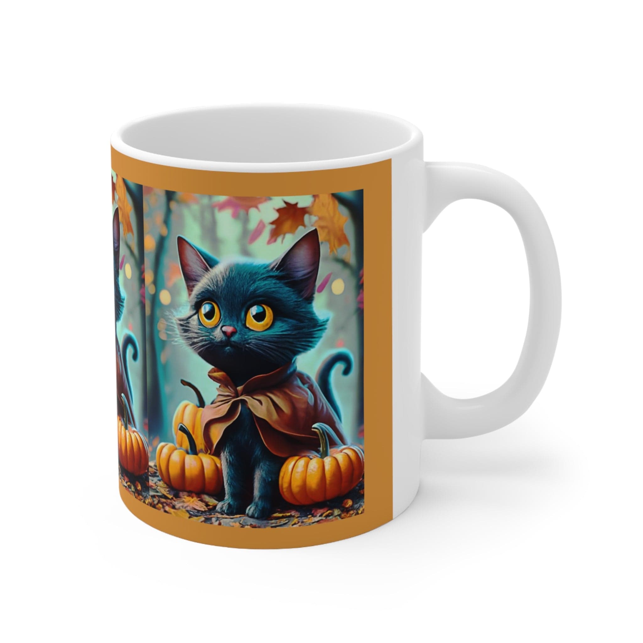 Printify Mug 11oz Coffee Mug, Black Cat Coffee Mug, Forest Cat Coffee Mug, Fall Pumpkin Mug, Birthday Gift, Friend Gift, White 11oz Ceramic, Free Shipping 20089616416949115413