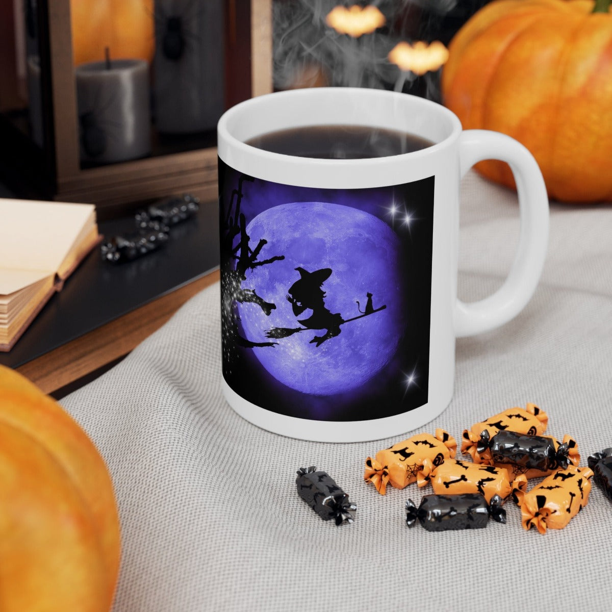 Printify Mug 11oz Coffee Mug, Halloween Coffee Mug, Purple Witch Mug, Moon Mug, Halloween Gift, Birthday Gift, Friend Gift, White 11oz Ceramic 24301276611320062700