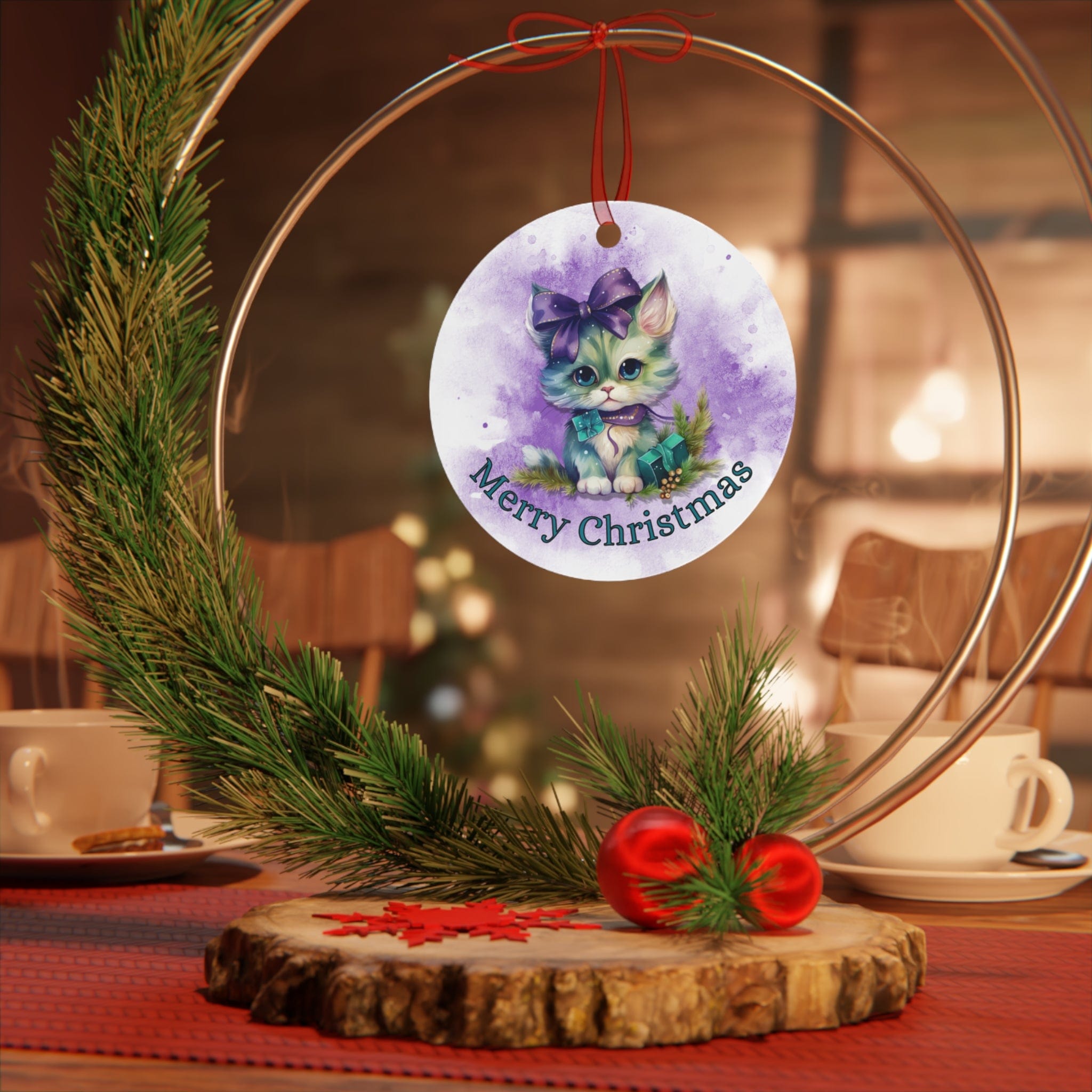 Printify Home Decor Round / One Size Christmas Ornament, Kitten Christmas Ornament, Kitten Gift, Cat Christmas, Custom Ornament, Metal Ornament, Christmas Gift, Free Shipping 22097126526585595838