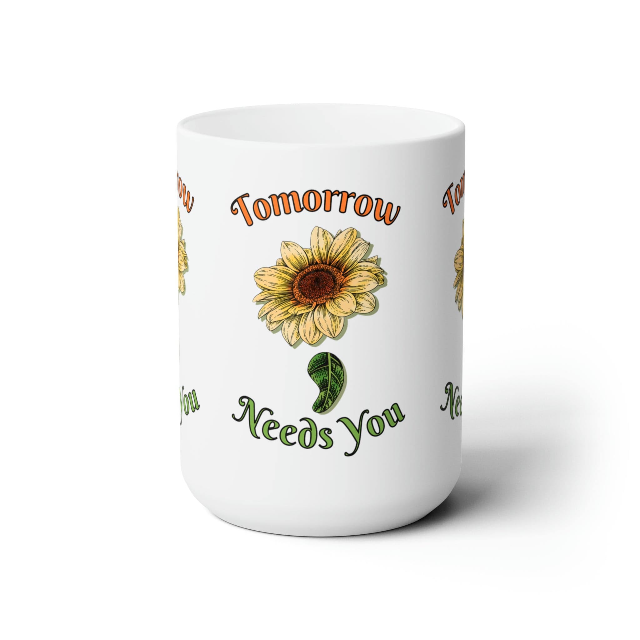 Printify Mug 15oz Coffee Mug, Mental Health Mug, Therapist Mug, Sunflower Semicolon, White 15 oz Ceramic, Gift for Her or Him 96835073377800350006