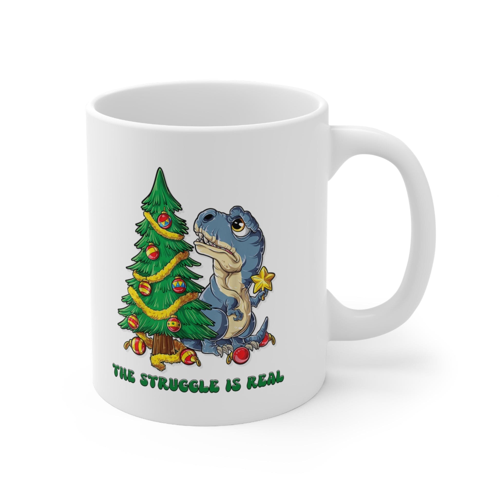 Printify Mug 11oz Coffee Mug, "The Struggle is Real",  Dinosaur Mug, White 11oz Ceramic, Gift for Her or Him, Christmas Mug. 73788387607500897320