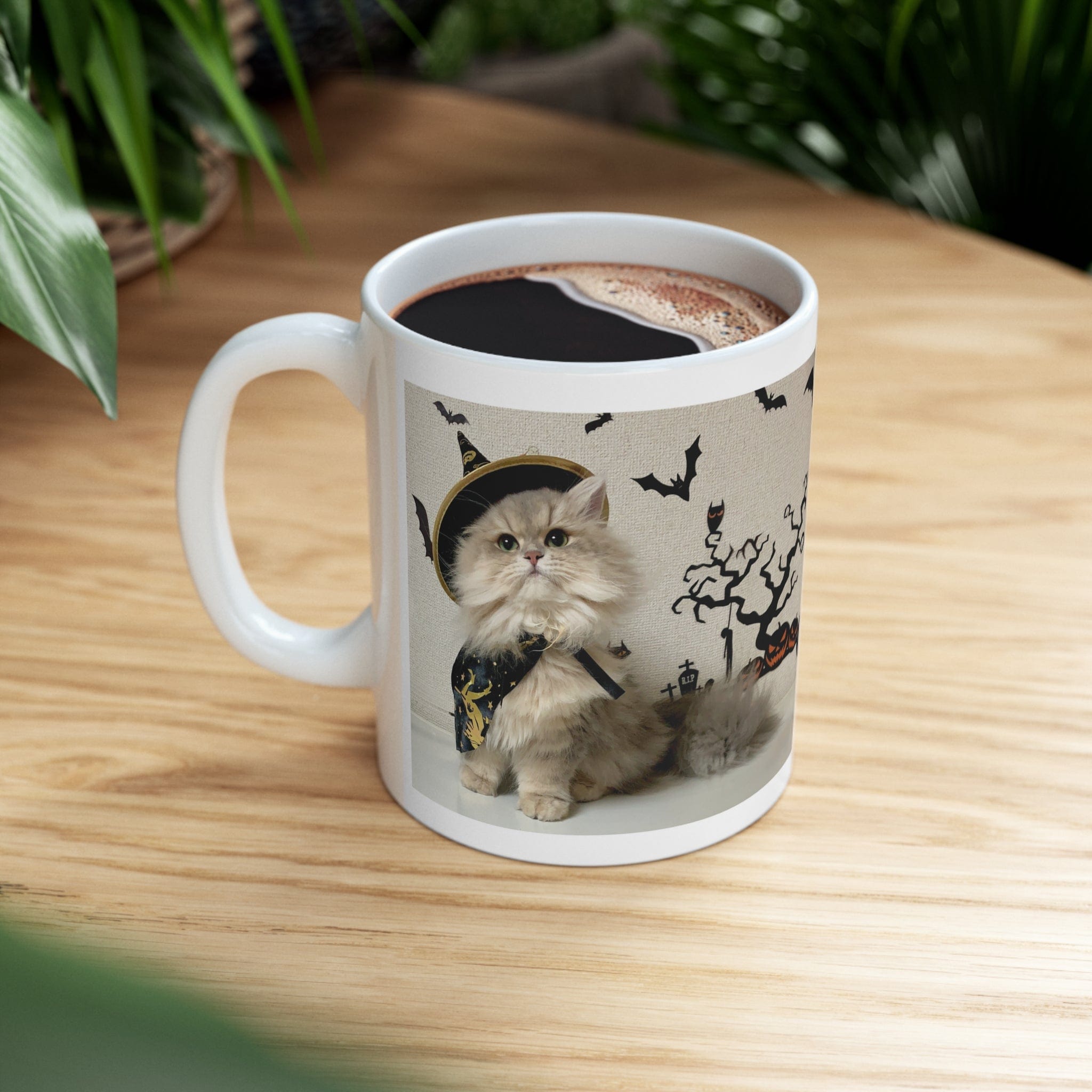 Printify Mug 11oz Coffee Mug, Halloween Coffee Mug, Cat in Witch Costume Mug, Halloween Gift, Birthday Gift, Friend Gift, White 11oz Ceramic 18750004720538585309