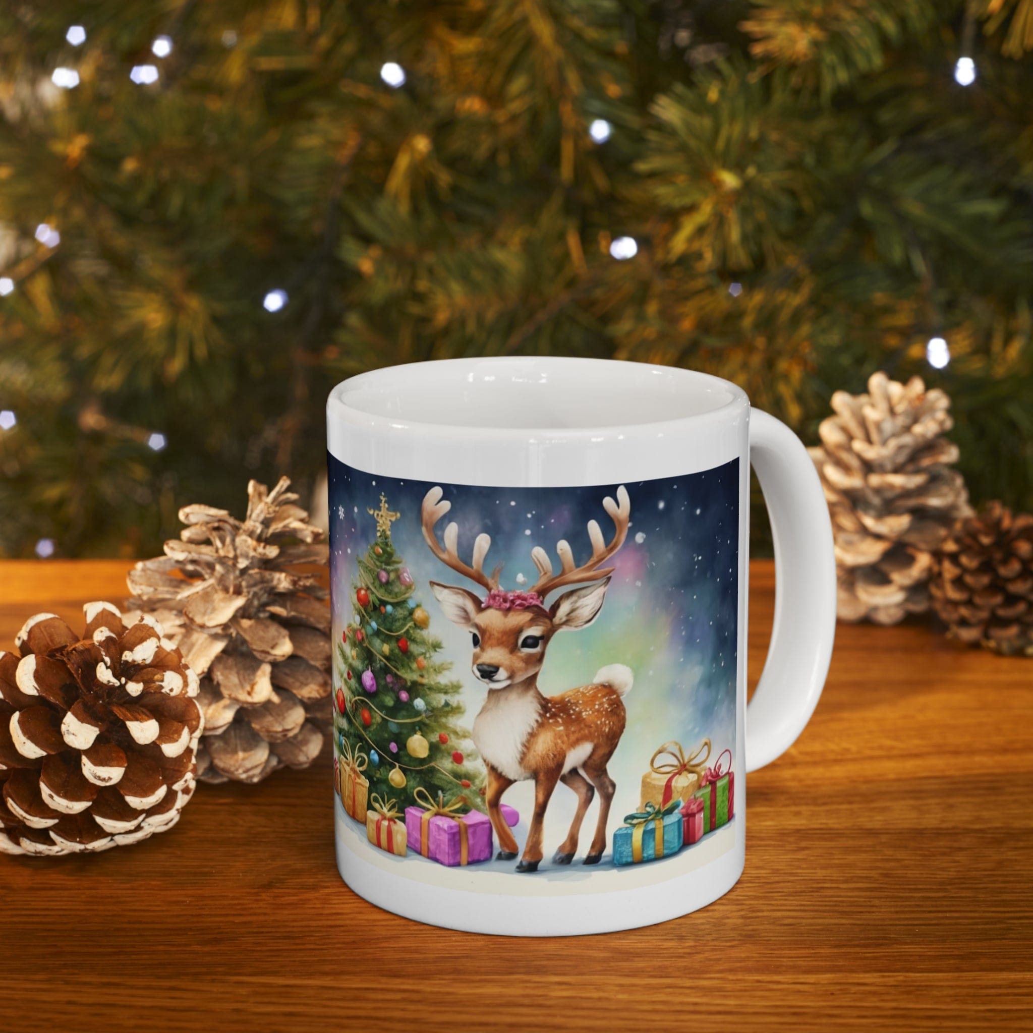 Printify Mug 11oz Coffee Mug, Reindeer Coffee Mug, Christmas Coffee Mug, Christmas Mug, Christmas Gift, Friend Gift, White 13 oz Ceramic 21993941926904313444