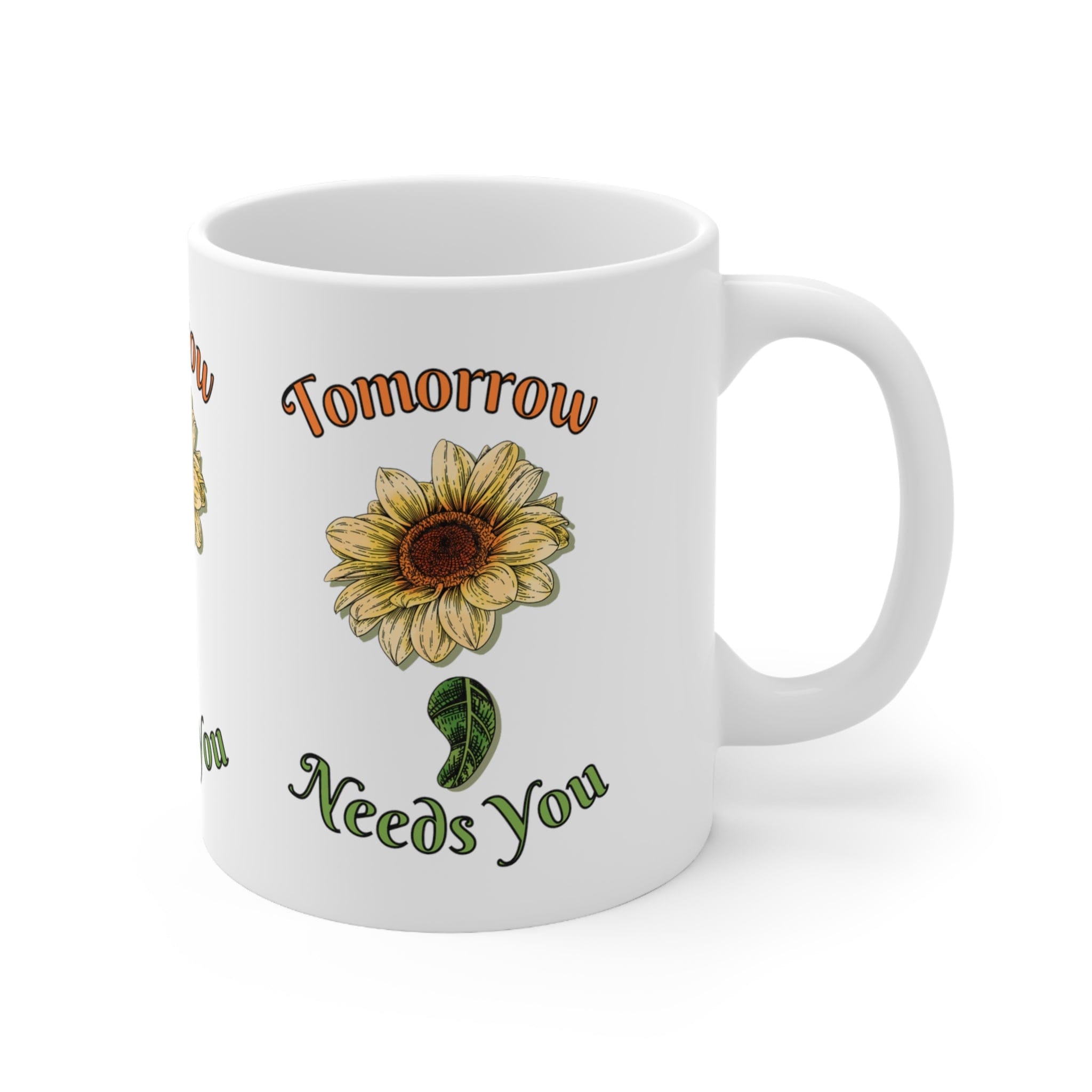 Printify Mug 11oz Coffee Mug, Mental Health Mug, Therapist Mug, Sunflower Semicolon, White 11 oz Ceramic, Gift for Her or Him 21922659324783219662