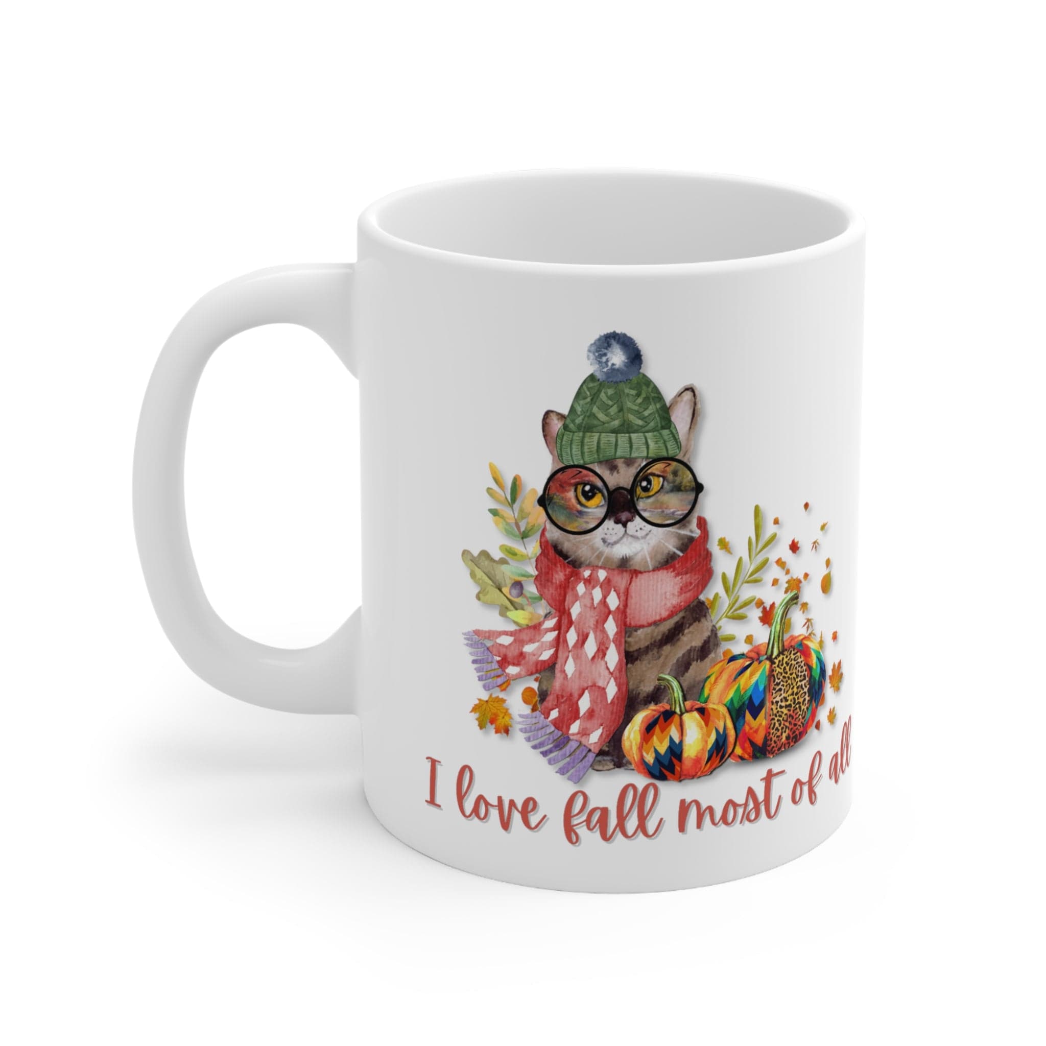 Printify Mug 11oz Fall Cat White 11oz Ceramic Mug Coffee Mug, I love Fall, Pumpkin Spice, Gift for Her 25565377231958825658