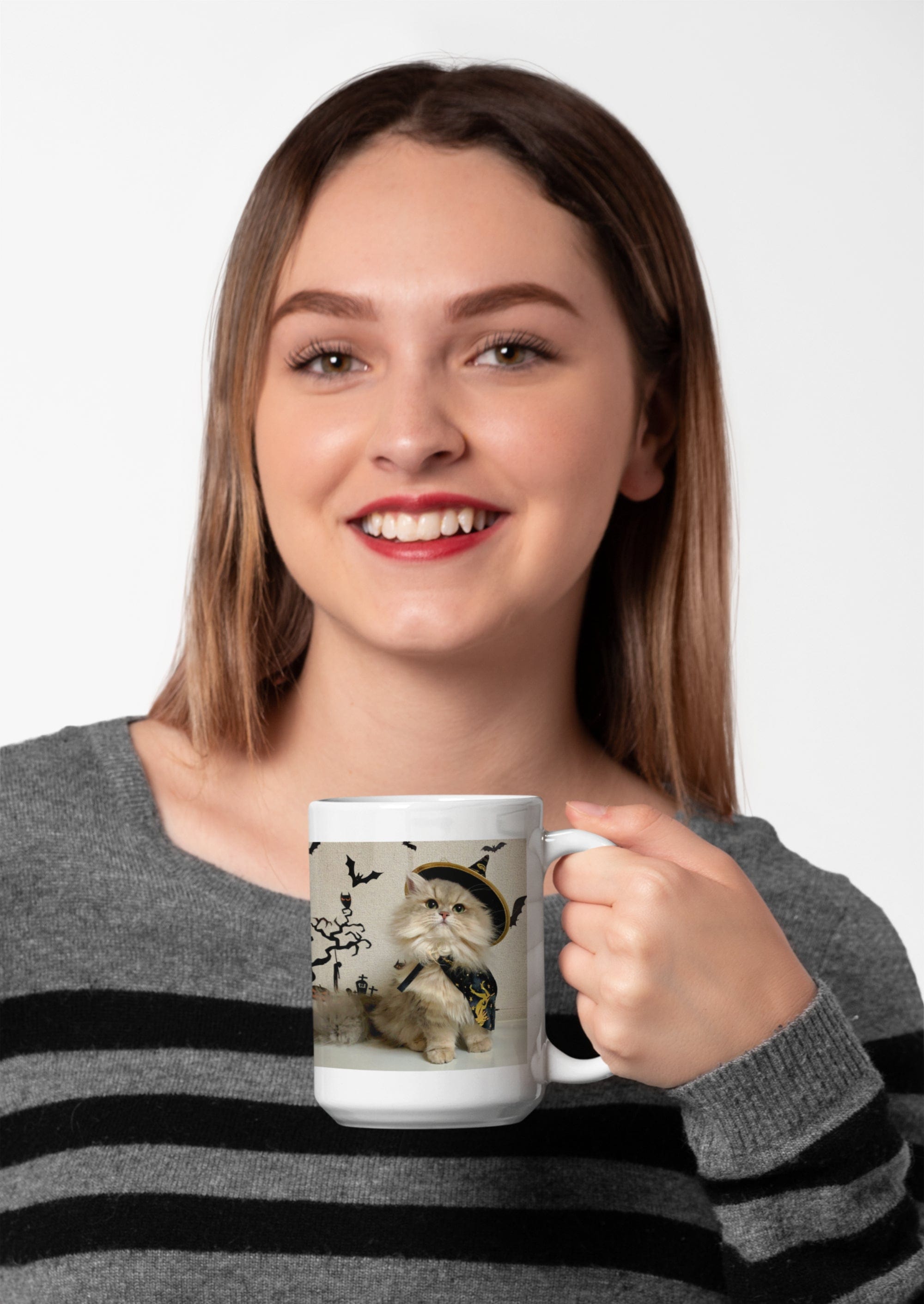 Printify Mug 15oz Coffee Mug, Halloween Coffee Mug, Cat in Witch Costume Mug, Halloween Gift, Birthday Gift, Friend Gift, White 15oz Ceramic 83648407855491868208