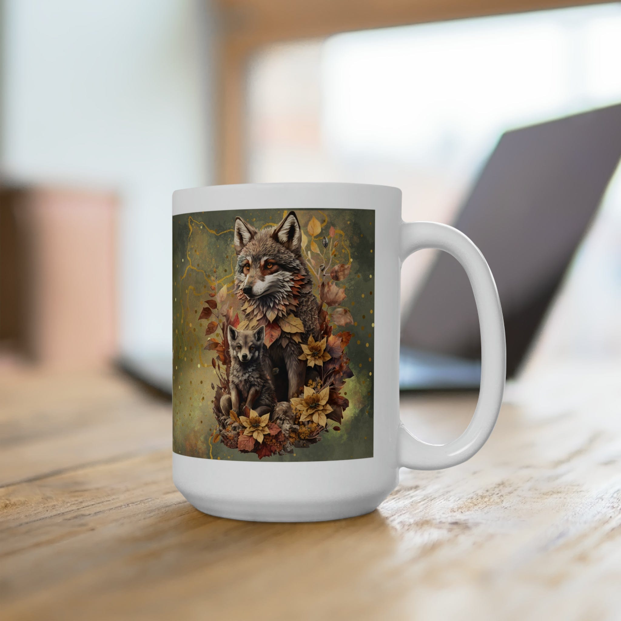 Printify Mug 15oz Coffee Mug, Wolf Coffee Mug, Wolf and Cub Mug, Wolf Gift, Birthday Gift, Christmas Gift, Friend Gift, White 15 oz Ceramic 29736585383302448871