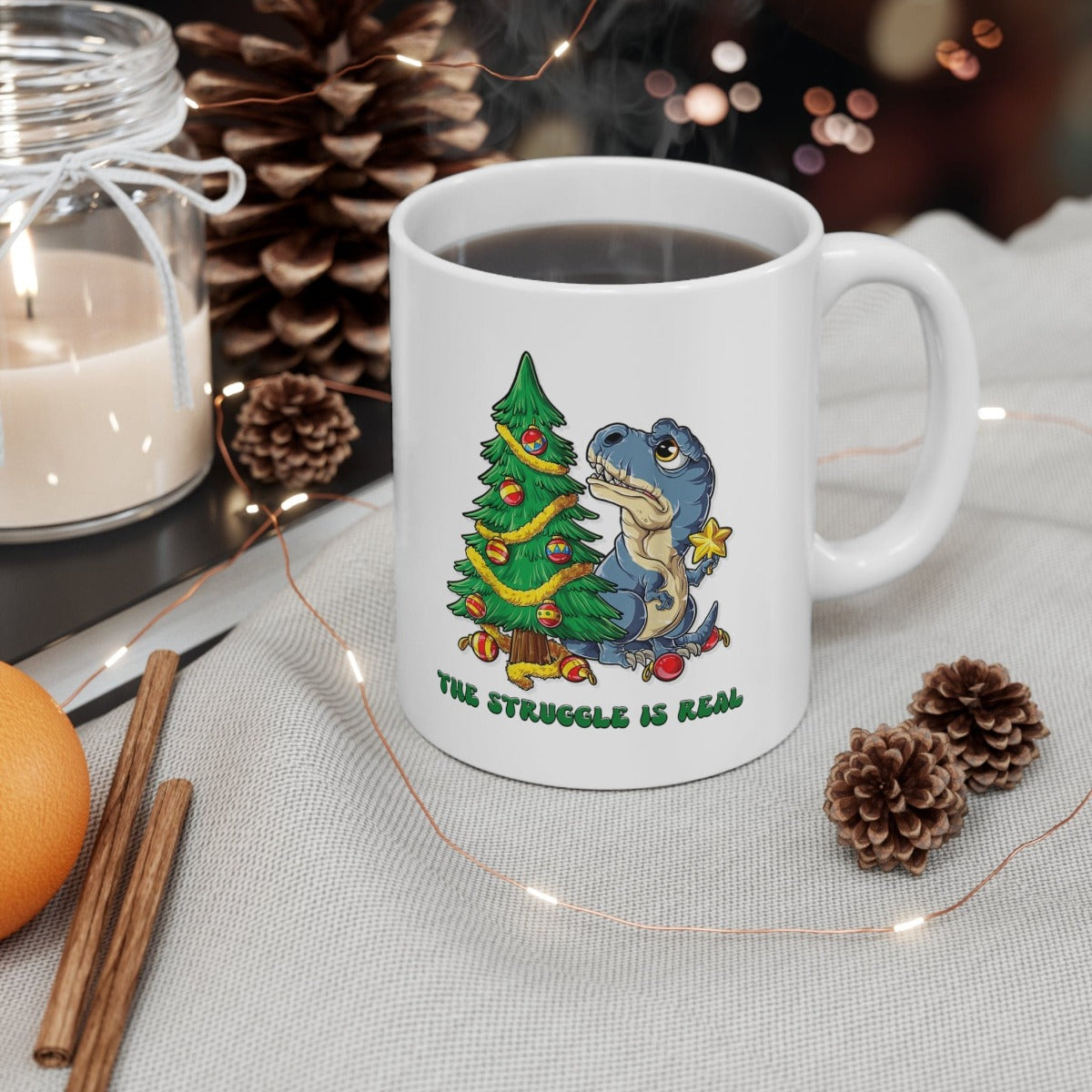 Printify Mug 11oz Coffee Mug, "The Struggle is Real",  Dinosaur Mug, White 11oz Ceramic, Gift for Her or Him, Christmas Mug. 73788387607500897320