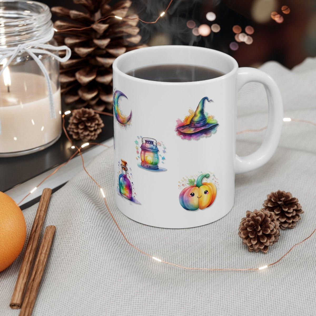 Printify Mug 11oz Coffee Mug, Halloween Coffee Mug, Rainbow Halloween Icons Mug, Halloween Gift, Birthday Gift, Friend Gift, White 11oz Ceramic, Free Shipping 83070160544945426631