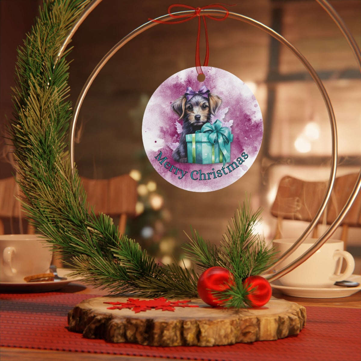 Printify Home Decor Round / One Size Christmas Ornament, Puppy Christmas Ornament, Puppy Gift,  Dog Christmas, Custom Ornament, Metal Ornament, Christmas Gift, Free Shipping 12108215020314266891