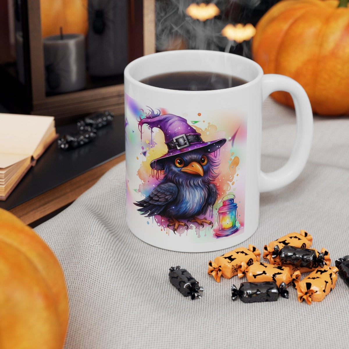 Printify Mug 11oz Coffee Mug, Halloween Coffee Mug, Rainbow Witch Crow Mug, Halloween Gift, Birthday Gift, Friend Gift, White 11oz Ceramic, Free Shipping 12647166295888464166