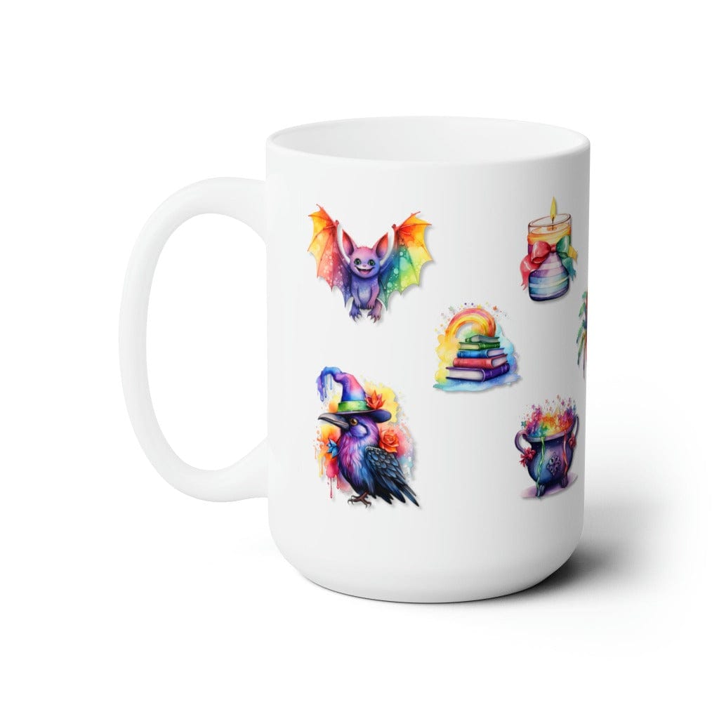 Printify Mug 15oz Coffee Mug, Halloween Coffee Mug, Rainbow Halloween Icons Mug, Halloween Gift, Birthday Gift, Friend Gift, White 15oz Ceramic, Free Shipping 24310514202212272287