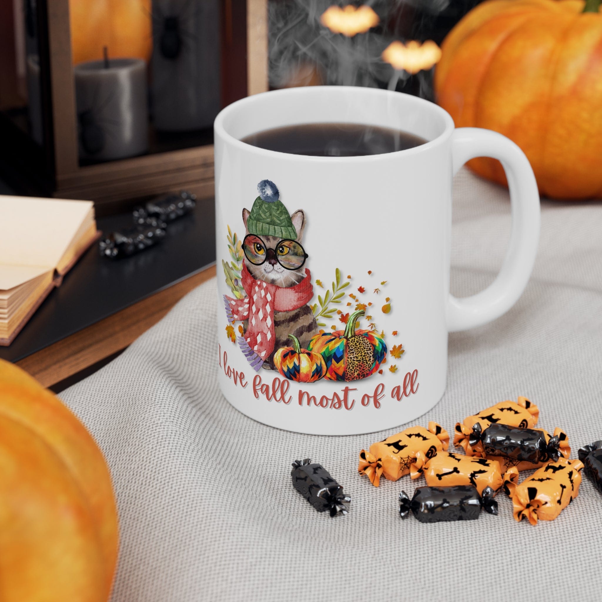 Printify Mug 11oz Fall Cat White 11oz Ceramic Mug Coffee Mug, I love Fall, Pumpkin Spice, Gift for Her 25565377231958825658