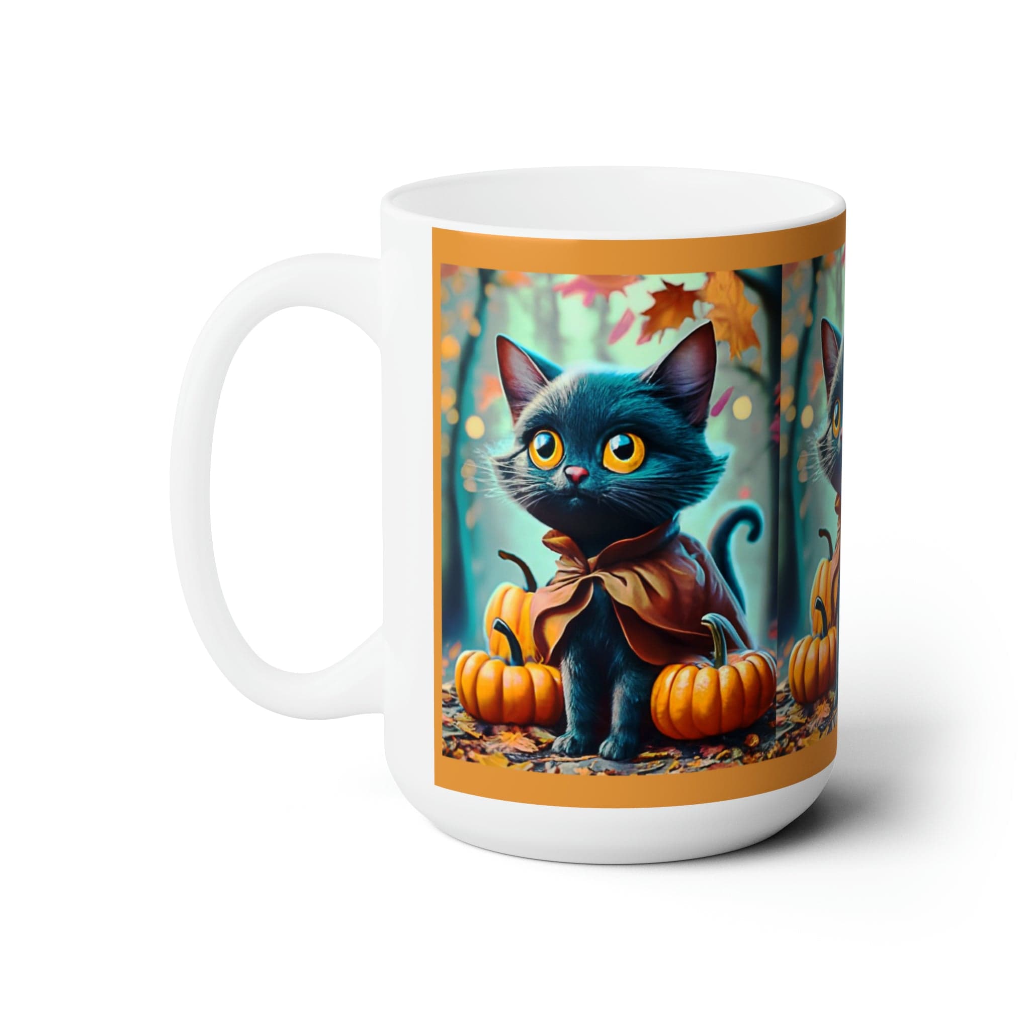 Printify Mug 15oz Coffee Mug, Black Cat Coffee Mug, Forest Cat Coffee Mug, Fall Pumpkin Mug, Birthday Gift, Friend Gift, White 15 oz Ceramic 25195849008209618874
