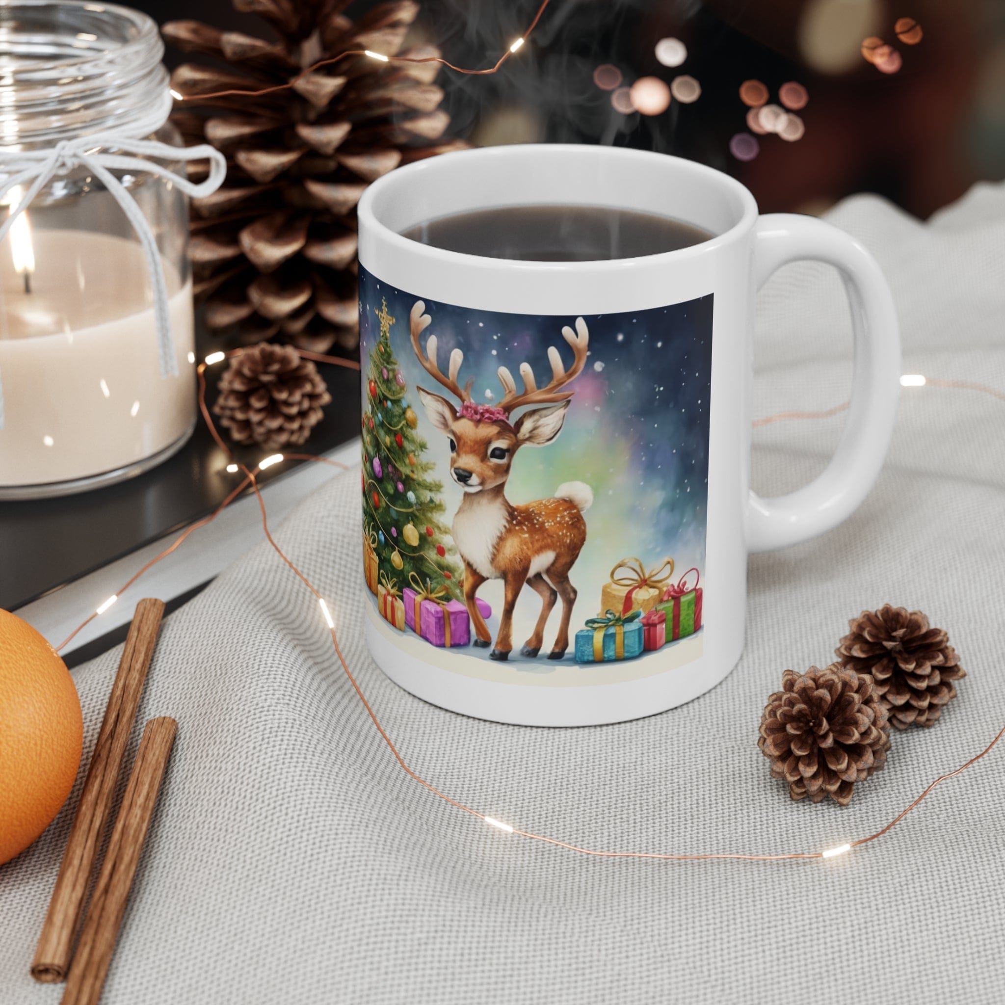 Printify Mug 11oz Coffee Mug, Reindeer Coffee Mug, Christmas Coffee Mug, Christmas Mug, Christmas Gift, Friend Gift, White 13 oz Ceramic 21993941926904313444