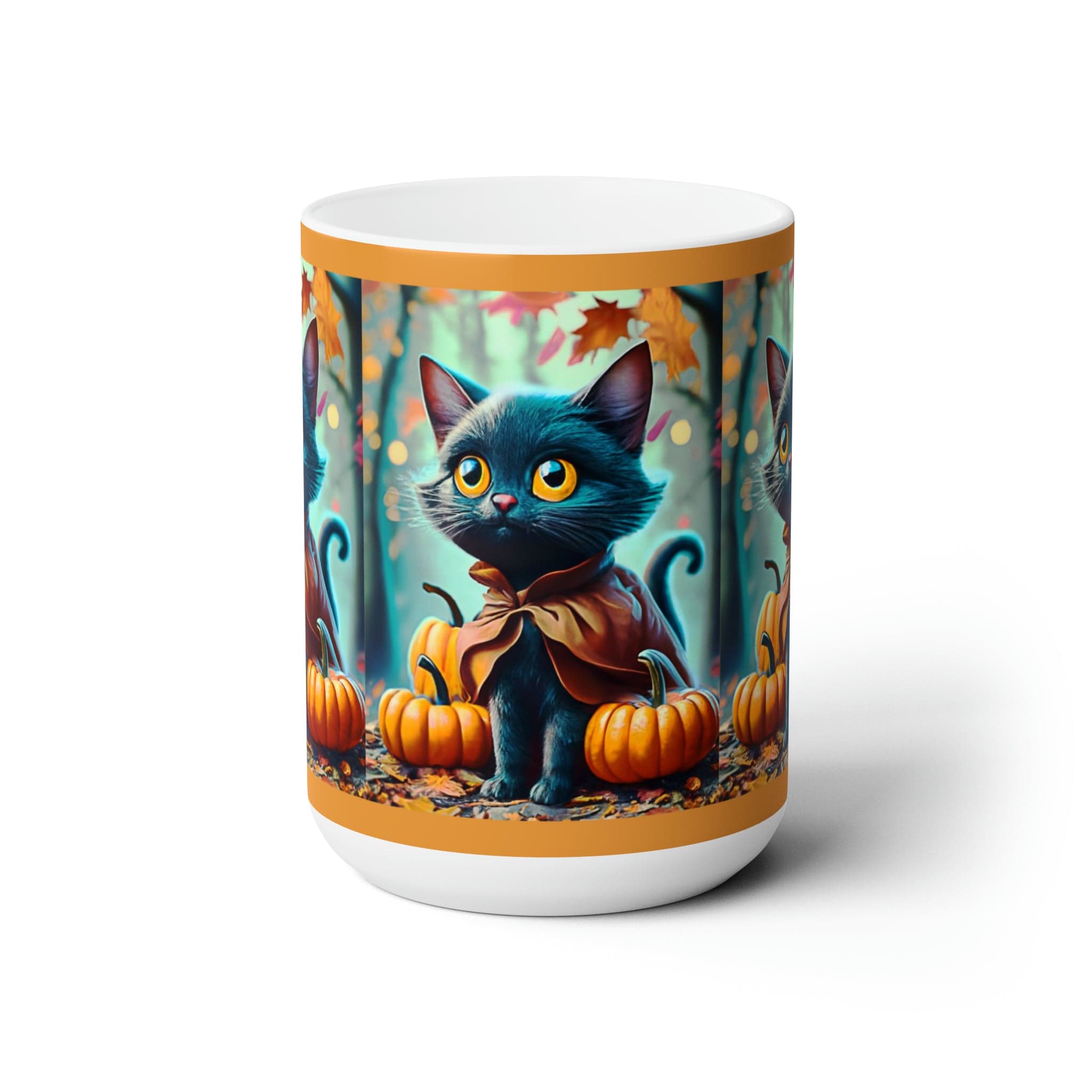 Printify Mug 15oz Coffee Mug, Black Cat Coffee Mug, Forest Cat Coffee Mug, Fall Pumpkin Mug, Birthday Gift, Friend Gift, White 15 oz Ceramic 25195849008209618874