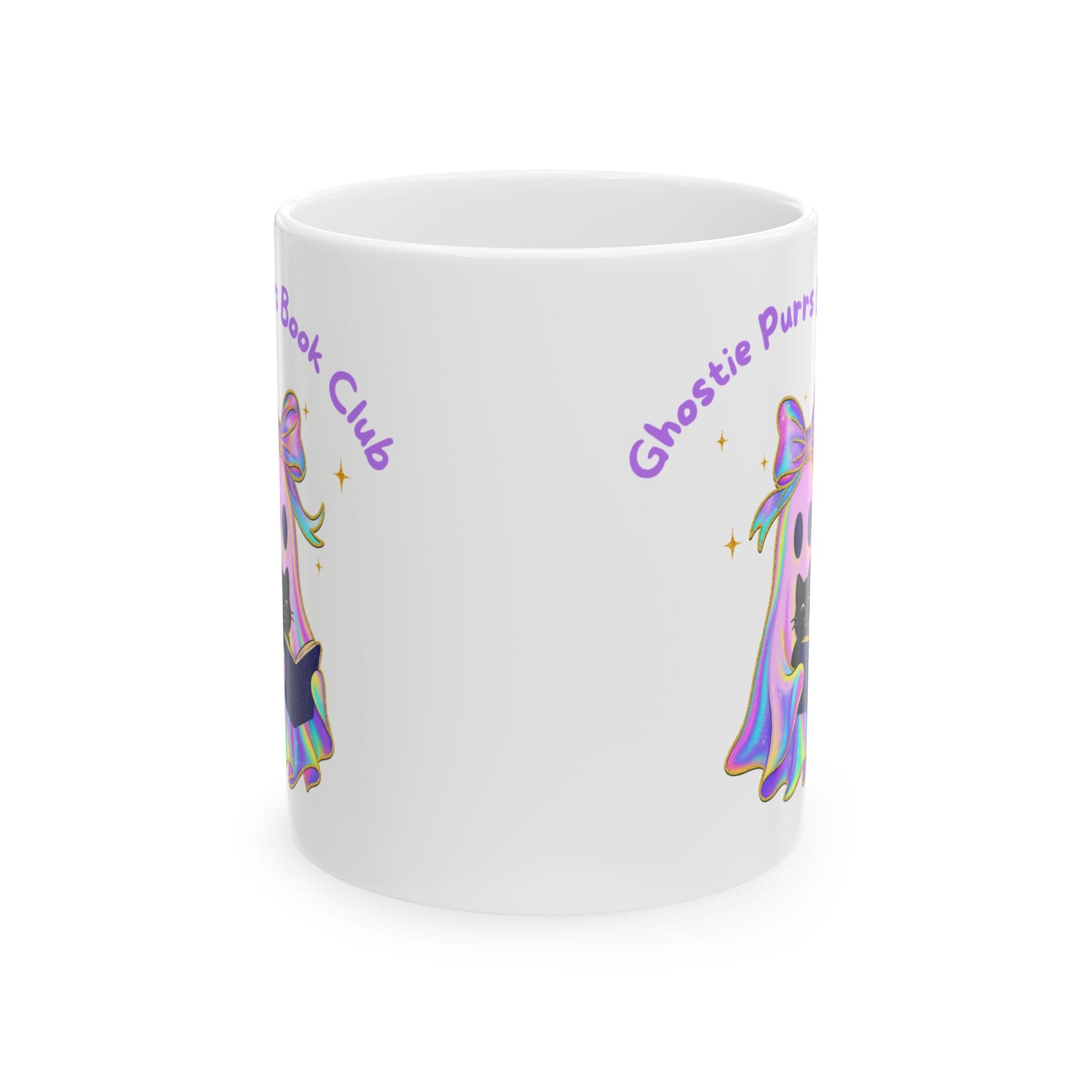 Printify Mug 11oz Irridescent Ghost Reading with Cat Ceramic Mug - Halloween Coffee Cup, Spooky Tea Mug, Ghost Lover Gift, Cat Owner Gift, Bookworm Mug Irridescent Ghost Reading with Cat Ceramic Mug - Halloween Coffee Cup, Spooky Tea Mug, Ghost Lover Gift, Cat Owner Gift, Bookworm Mug 14211851422445551101