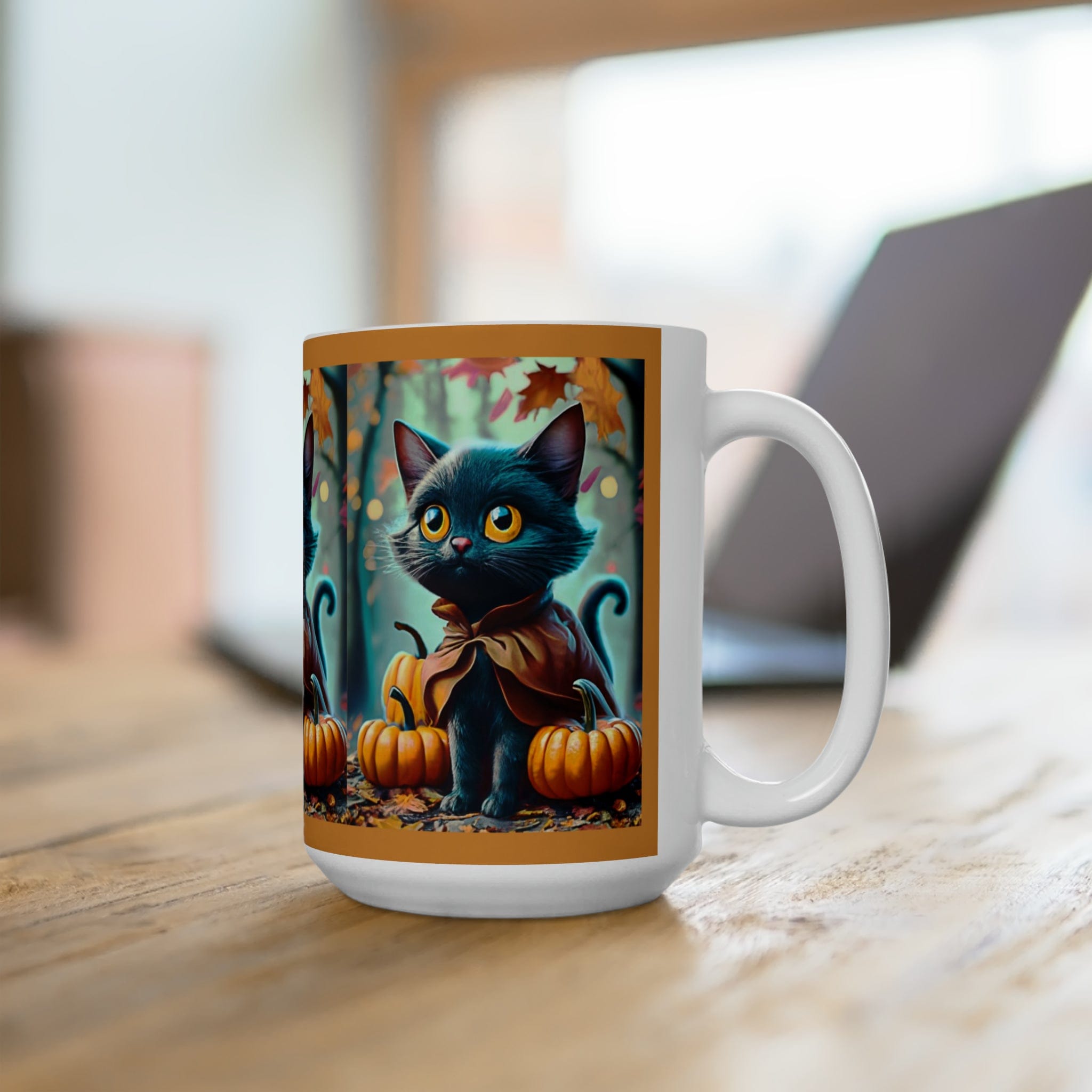 Printify Mug 15oz Coffee Mug, Black Cat Coffee Mug, Forest Cat Coffee Mug, Fall Pumpkin Mug, Birthday Gift, Friend Gift, White 15 oz Ceramic 25195849008209618874