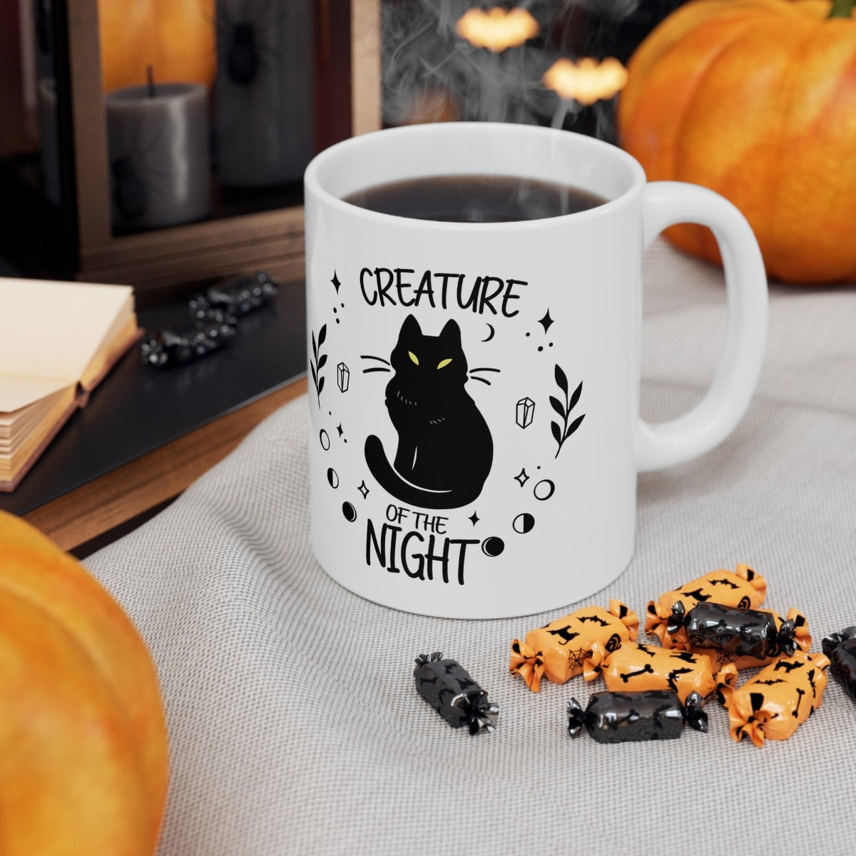 Printify Mug 11oz Coffee Mug, Halloween Coffee Mug, Creature of the Night Mug, Halloween Gift, Birthday Gift, Friend Gift, White 11oz Ceramic 10364446192172598321