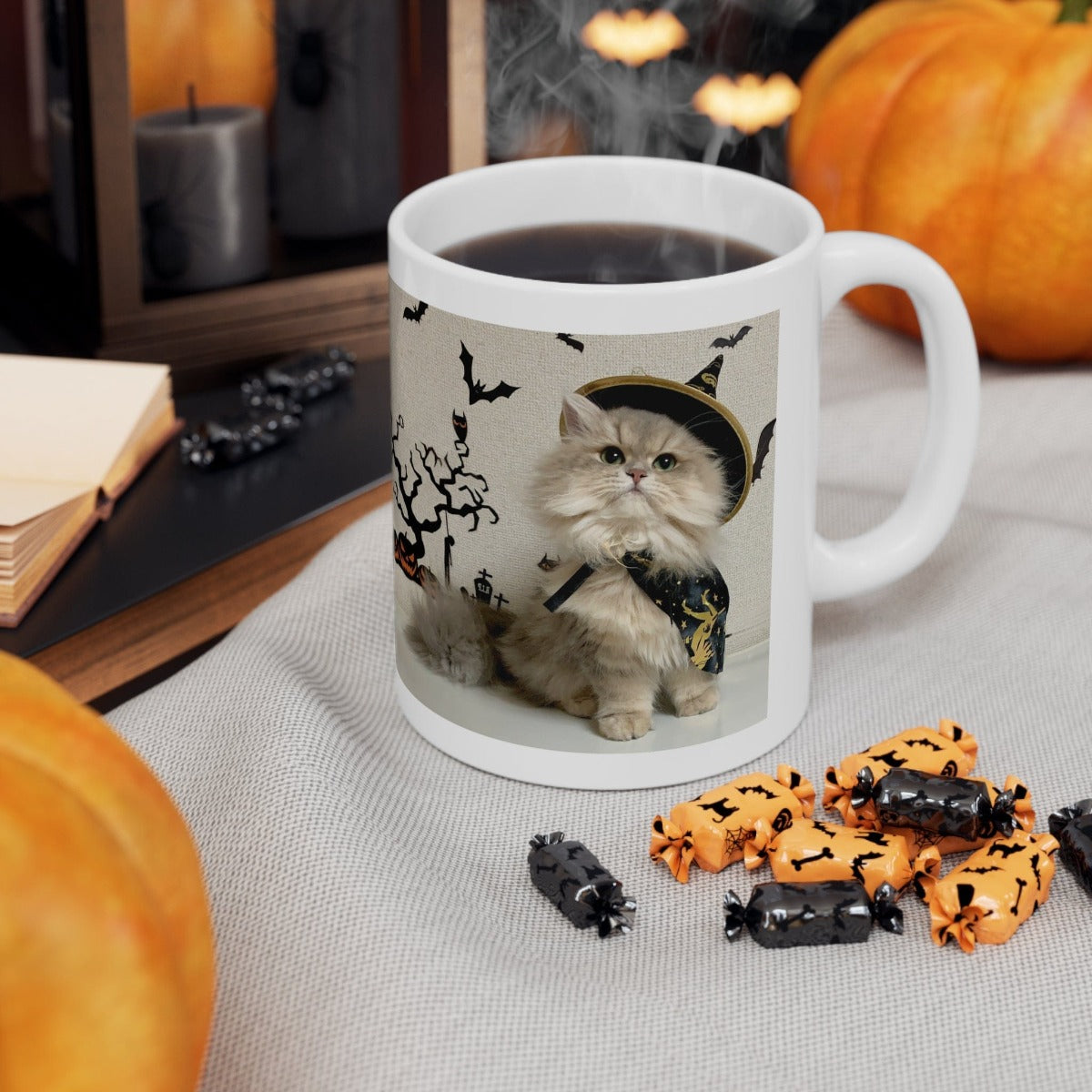 Printify Mug 11oz Coffee Mug, Halloween Coffee Mug, Cat in Witch Costume Mug, Halloween Gift, Birthday Gift, Friend Gift, White 11oz Ceramic 18750004720538585309