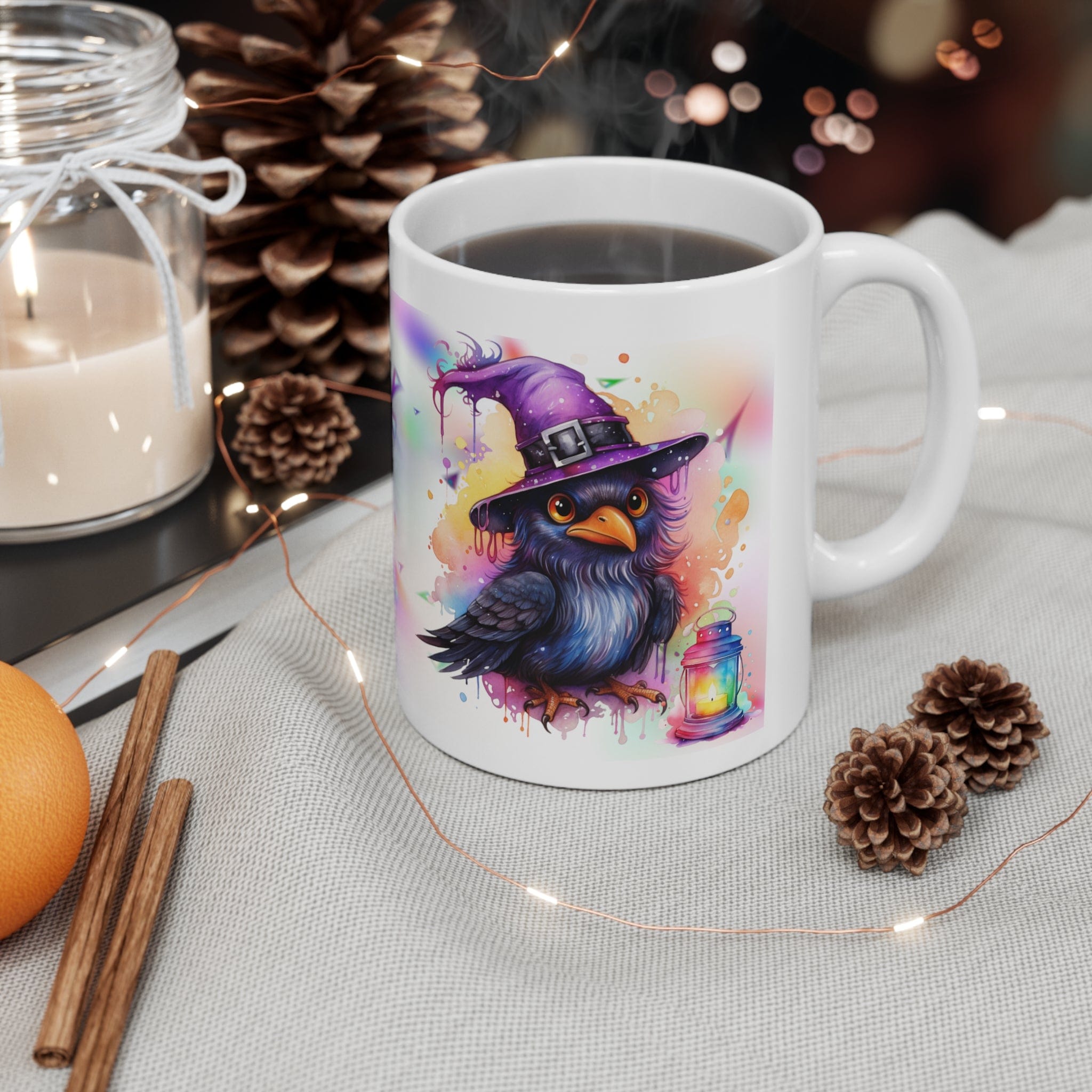 Printify Mug 11oz Coffee Mug, Halloween Coffee Mug, Rainbow Witch Crow Mug, Halloween Gift, Birthday Gift, Friend Gift, White 11oz Ceramic, Free Shipping 12647166295888464166