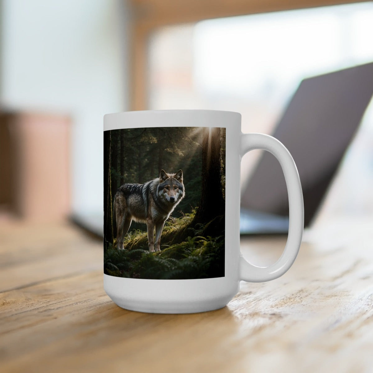 Printify Mug 15oz Coffee Mug, Wolf in Forest Coffee Mug, Wolf Coffee, Tea Mug, Birthday Gift, Christmas Gift, Friend Gift, White 15 oz Ceramic 42944806453671562281